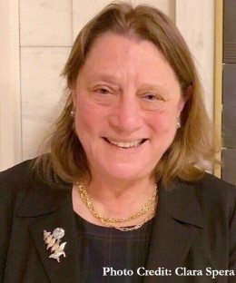 Jane Ginsburg's Headshot.  Jane smiles towards to camera wearing gold earrings, necklace and a dark top and blazer with a broach on the right lapel.
