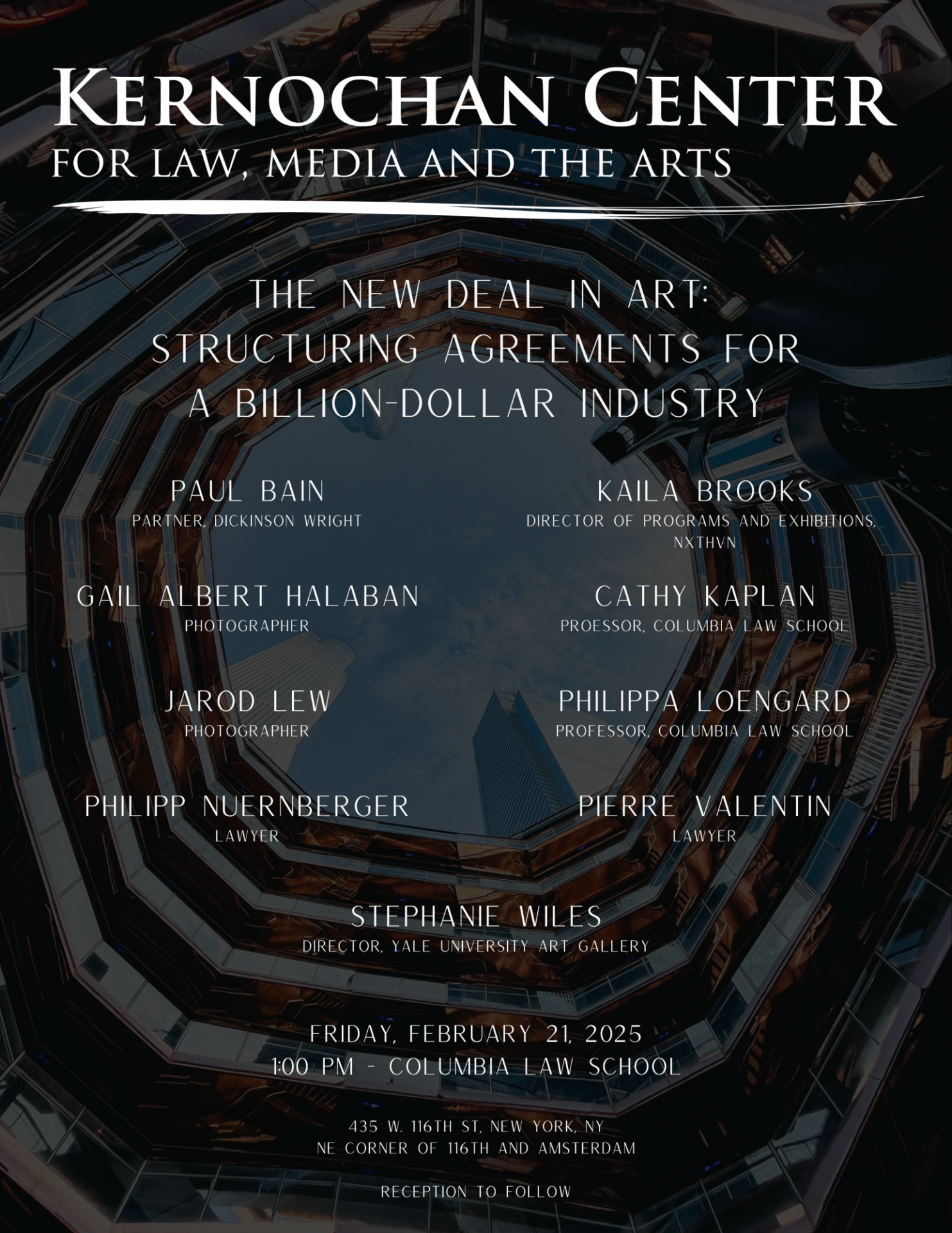 Poster for The New Deal in Art: Structuring Agreements for a Billion Dollar Industry.  The speakers names are listed below.