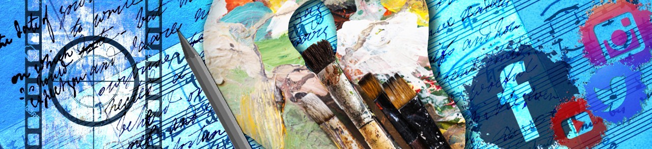 artwork canvas detailing colorful paint brushes, music sheets and social media icons