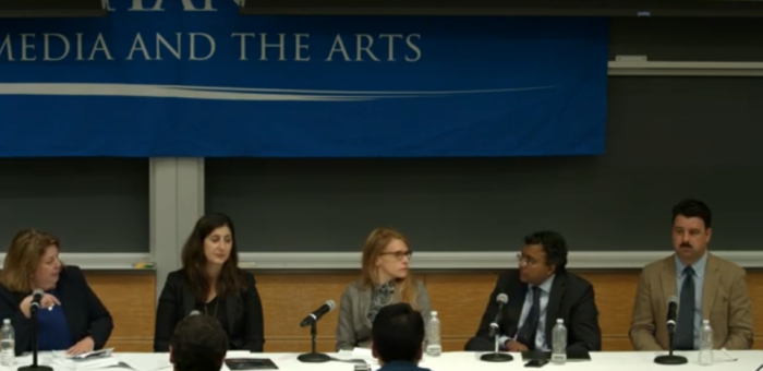 Philippa Loengard, Regan Smith, Amelia Brankov, Shyam Balganesh, and Christopher Buccafusco Five individuals seat at a conference table in discussion
